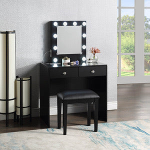 HM7878BK-15 BLACK MAKEUP VANITY WITH 10 LIGHTS AND USB AND POWER OUTLET AND STOOL